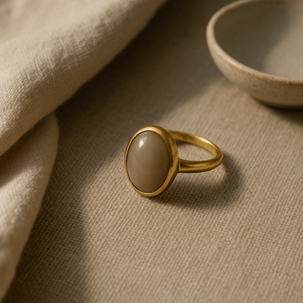 Gros plan d'une bague ornée d'une pierre décorative, accompagnée d'un chiffon doux et d'une coupelle.