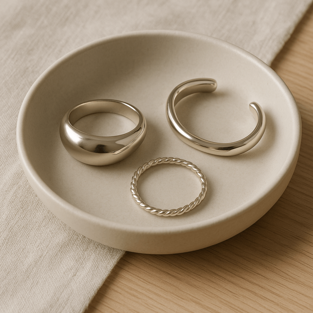 Trois bijoux génériques disposés séparément dans une coupelle en céramique sur une table en bois clair.